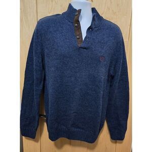 Chaps Navy Blue Mens Pullover Sweater W/ Brown Suede Elbow Patches Button Collar